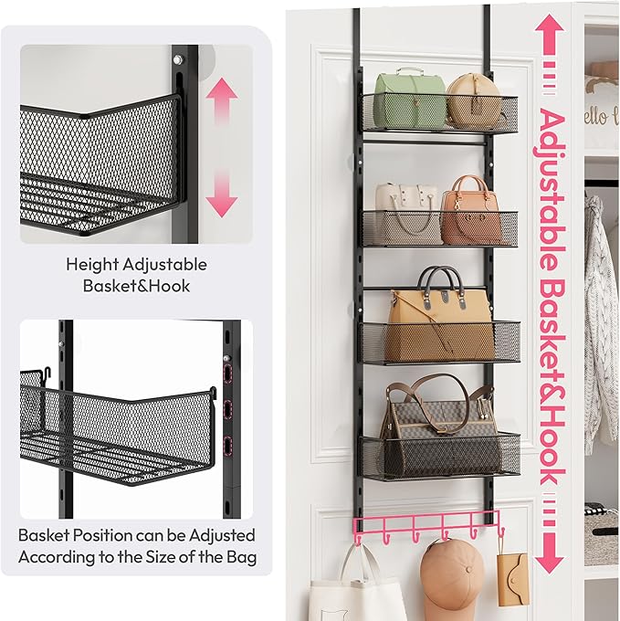 SWTYMIKI Over The Door Purse Organizer - Wall Mounted Purse Rack with 4 Adjustable Metal Basket and 6 Hooks, Hanging Bag Rack for Handbag Organizer, Bag Storage Can Use As 1/2 Part, for Door, Closet