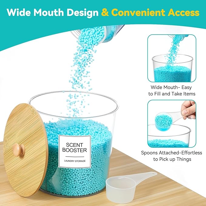 Laundry Pods Container & Dryer Sheet Holder, Laundry Room Organization and Storage Jars with Lids, Labels & Scoops for Powder Detergent Scent Booster