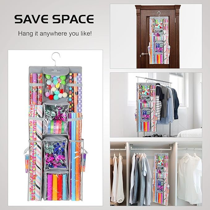 Freegrace Double Sided Hanging Gift Wrap Organizer | Large 16" x 41" Wrapping Paper Rolls Storage Bag | Tearproof & Space Saving Closet Gift Bag Organization Solution (Gray)
