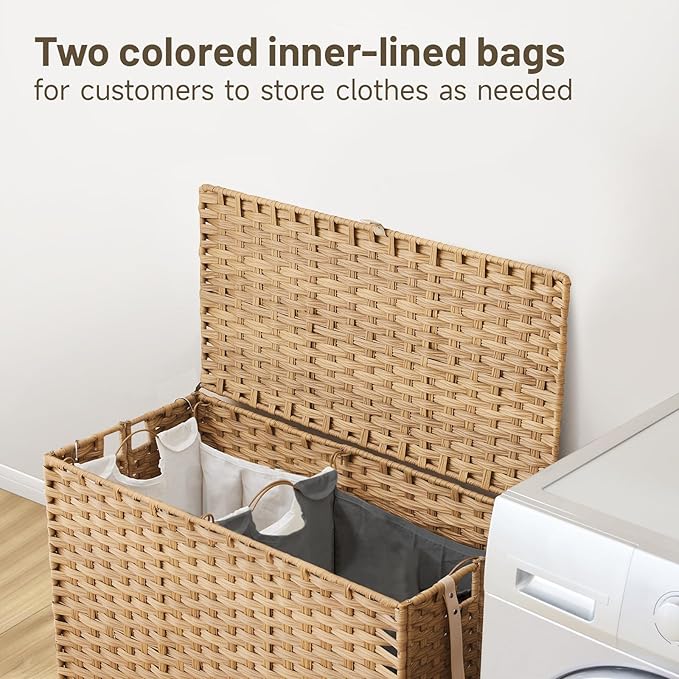 Laundry Hamper with Wheels, 34.3 Gallon(130L) Rolling Laundry Basket with Lid, Removable Large 2 Color Liners & 3 Mesh Laundry Bags, Clothes Hamper with Side Pocket, Natural