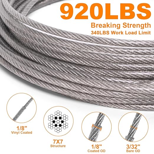300FT 1/8" Wire Rope Kit, Vinyl Coated 304 Stainless Steel Wire Cable, 7x7 Strands 920LBS Breaking Strength, M5 Turnbuckle, String Light Hanging Kit for Outdoor, Garden, Clothesline
