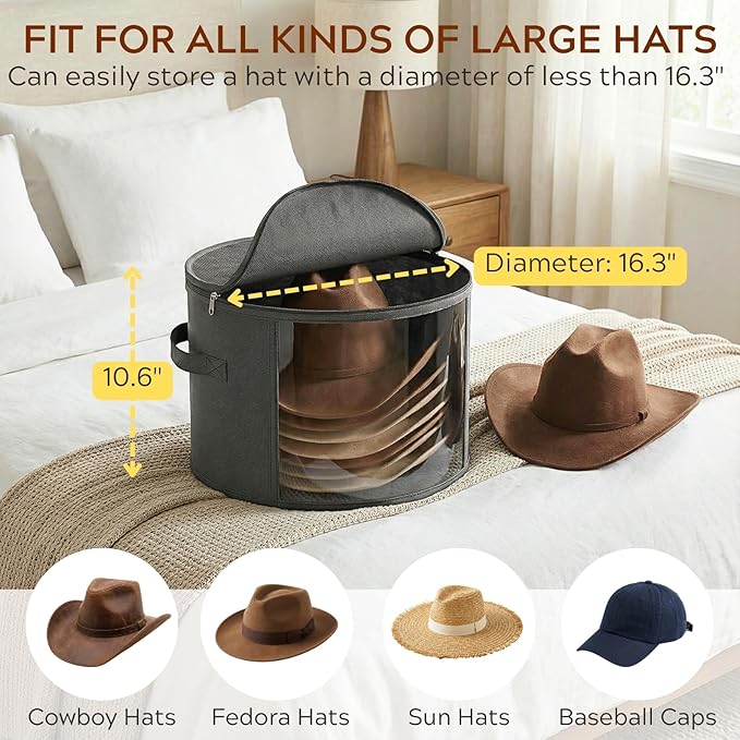 Ofiray-home 2 Pack Large Clear Hat Storage Boxes, Hold up to 7-9 Hats, Hat Organizer for Closet, Sturdy & Foldable, Hat Box with Carrying Handles for Round Brim, Wide-Brim, Cowboy, Sun Hat (Gray)