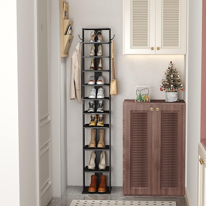 HOMEFORT 10-Tier Vertical Shoe Rack, Corner Shoe Tower, Slim Shoe Organizer with Two Hanging Hooks, Wooden Shoe Storage Stand for Entryway, Hallway, Closet (Black)
