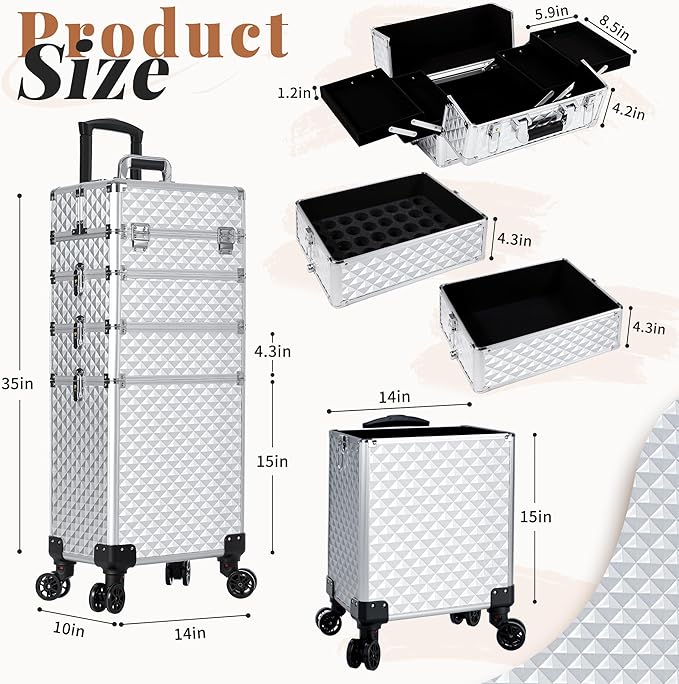 AROUS Rolling Makeup Train Case 4 in 1 Cosmetology Case on Wheels Large Storage Cosmetic Trolley with Key Salon Barber Case Traveling Cart Trunk, Silver