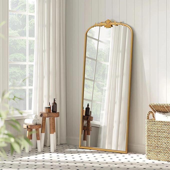 Besdomus Antique Full Length Mirror: 21"x56" Gleaming Gold Arched Full Body Mirror - Floor Vintage Baroque Traditional Ornate for Entryway/Cloakroom/Bedroom - Home Decor for Interior Designers