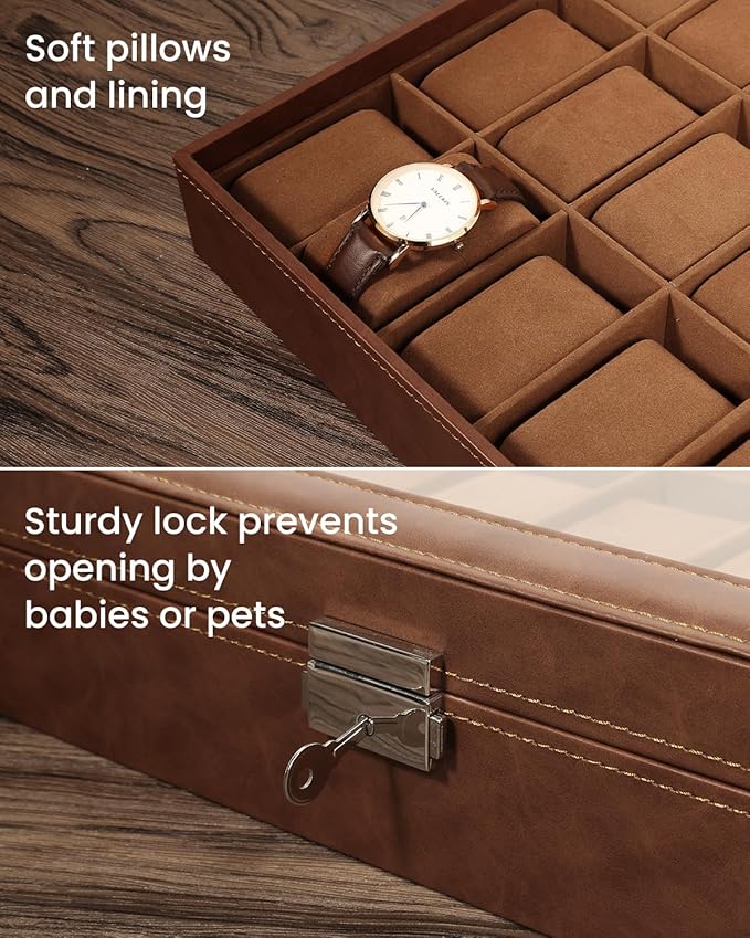 Uten 24-Slot Watch Box, PU Leather Watch Case with Glass Lid, Watch Holder Organizer with Soft Pillow and Velvet Lining, Watch and Jewelry Storage Box, Brown
