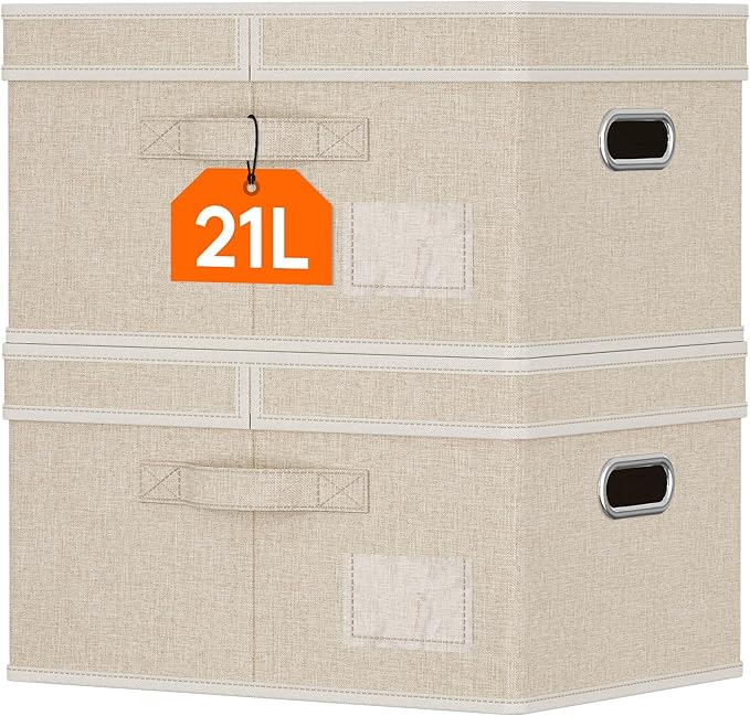 Lifewit Clothes Storage Bins with Lids, Fabric Foldable Storage Boxes with Handles, Decorative Closet Organizer, Stackable Cube Baskets Container for Bedroom, Office, 21L Medium Beige, 2 Packs