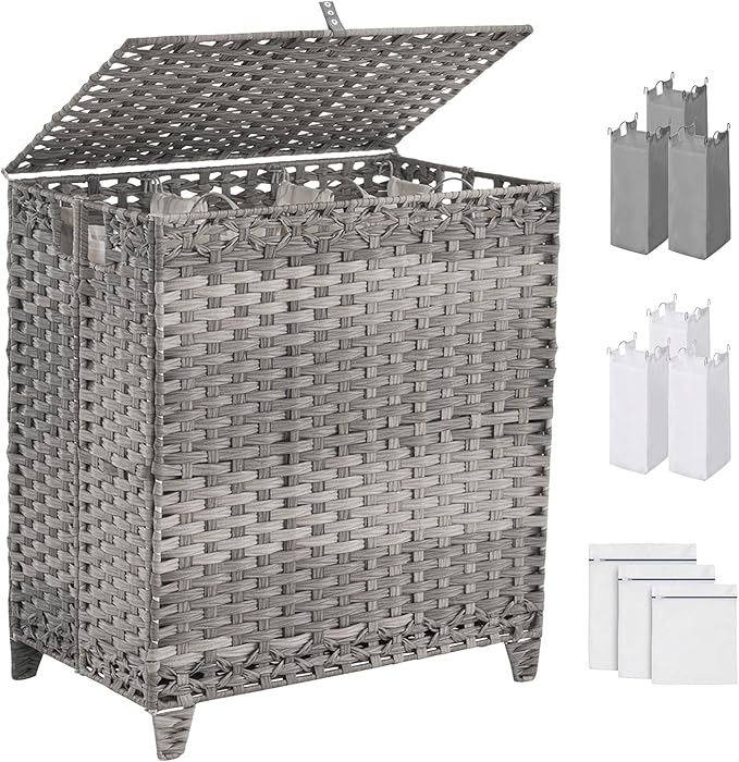 Laundry Hamper with Lid, 190L Large Laundry Basket 3 Section with 6 Removable Liner Bags & 3 Mesh Laundry Bags, Handwoven Rattan Clothes Hamper with Heightened Feet, No Install Needed, Grey