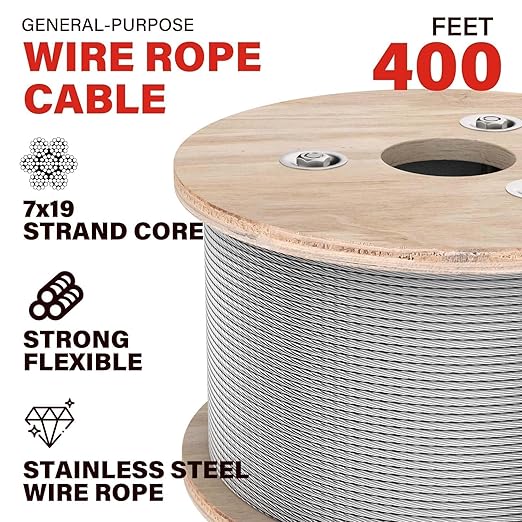 3/16 Stainless Steel Cable, 400ft Wire Rope, 7x19 Strands Aircraft Cable for Deck Cable Railing System, 3700lbs Breaking Strength Marine Grade for Rail, Deck, Clothesline, Yard Zipline