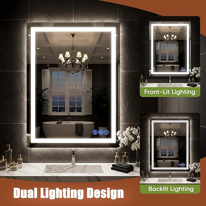 LED Bathroom Mirror with Lights 24"x36", Wall-Mounted Vanity Mirrors Front & Backlit Separate Light Control Stepless Dimmable Anti-Fog Memory 3 Color Temperatures Shatter-Proof Tempered Glass