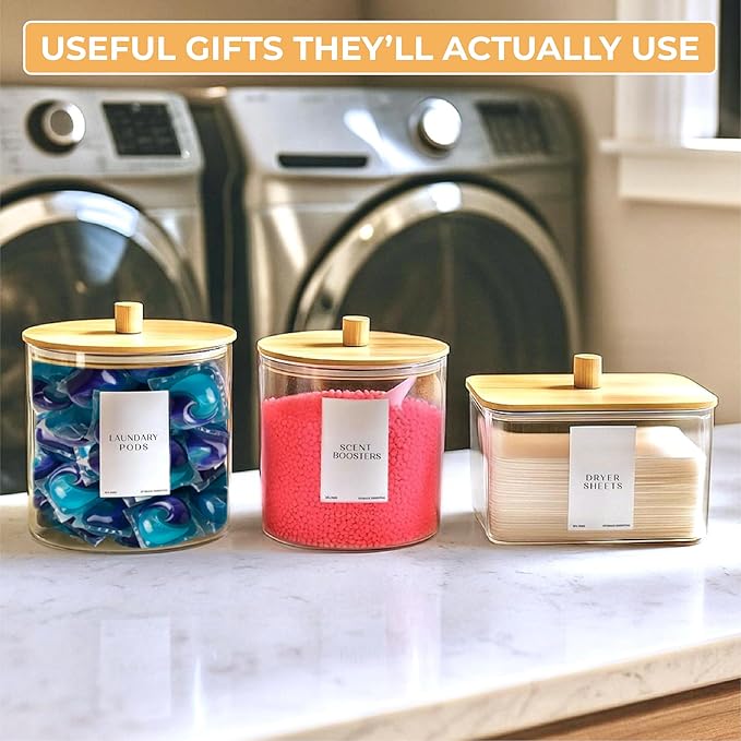 Laundry Pods Containers for Organizing Dryer Sheet Holder & Laundry Jars with Lids, Labels & Scoops - Acrylic Laundry Storage Containers for Powder, Pods, Detergent, Scent Booster