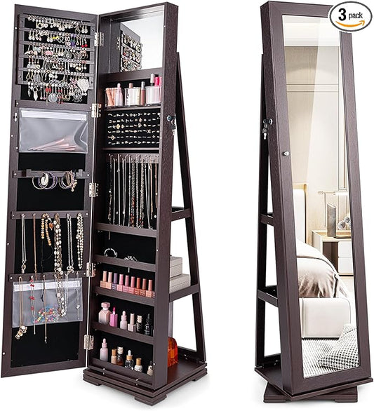 360° Swivel LED Mirror Jewelry Cabinet with Full Length Mirror, Lockable Floor Standing Mirrored Jewelry Armoire Organizer w/Inside Makeup Mirror & Back Storage Shelves, Space-Saving (Espresso)