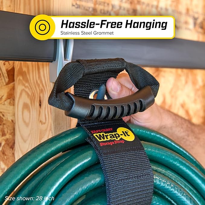 Easy-Carry Wrap-It Storage Straps - 48” (2-Pack) Black with Grommet - Garden Hose Caddy and Cord Wrap for Indoor and Outdoor Cable Organizing