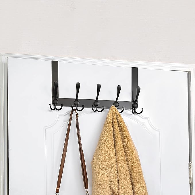 SKOLOO Over The Door Hook - for Doors up to 1-3/4'' Thickness, Pack of 2, Metal Door Hanger with 5 Triple Hooks, Black Over The Door Hanger for Coats, Hats,Towels, Assembly Required