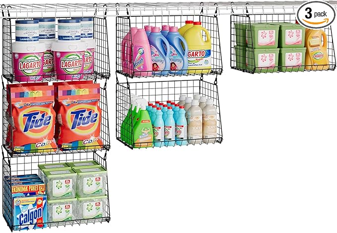 3-Pack Hanging Laundry Baskets, Foldable Metal Wire Shelves with 360° Rotating Hooks, Space-Saving Over Washer/Dryer or Closet Storage for Laundry Room & Closet Organization, Black