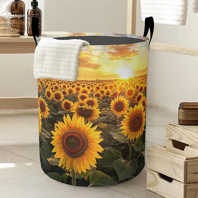 Laundry Basket,Sunset Sunflowers Large Canvas Fabric Lightweight Storage Hamper Organizer Dirty Clothes Collapsible Waterproof for College Dorms,Bathroom