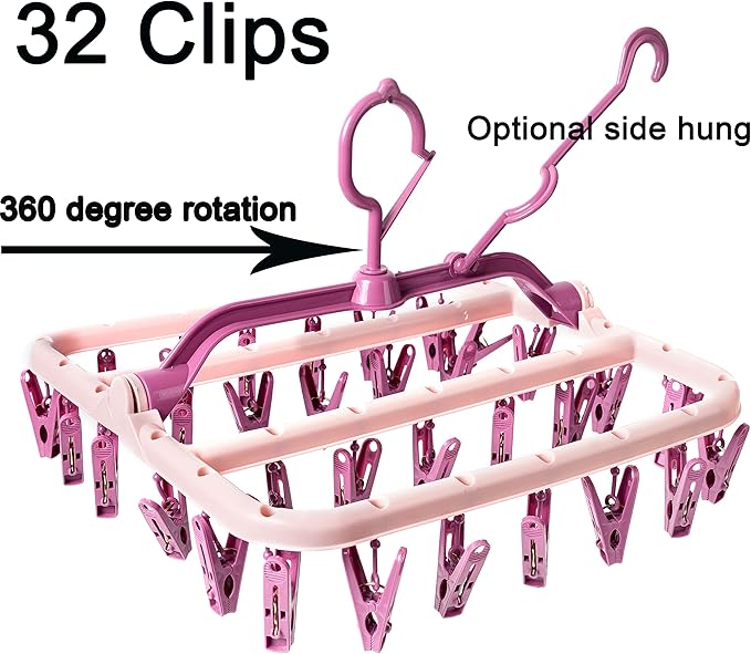 Clothes Drying Racks Foldable Clip Hangers Plastic with 32 Drying Clips Wind-Proof Hook Underwear Hanger for Socks Bras (Pink)