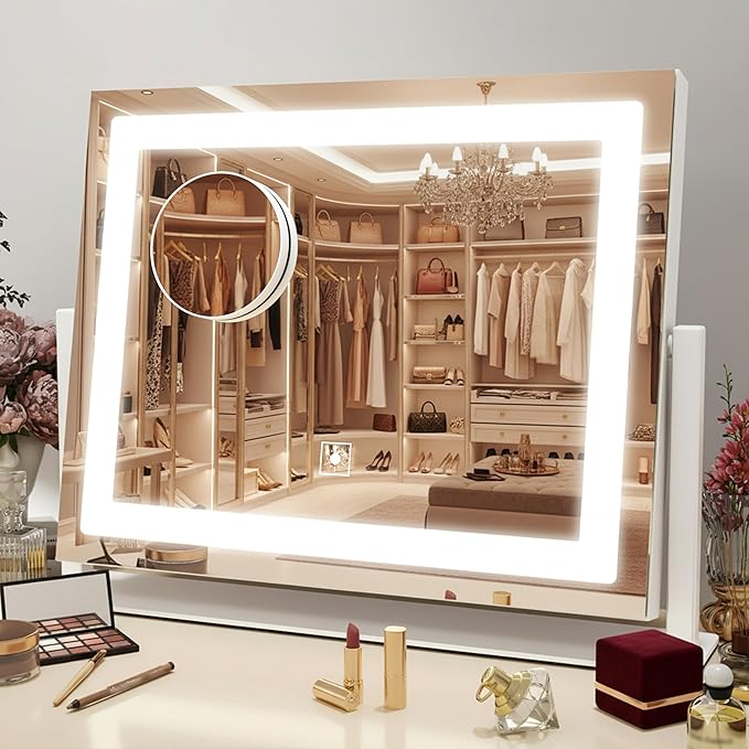 HNV 16"x13" Vanity Mirror with Lights, Hollywood Lighted Makeup Mirror with 10X Magnification, Smart Touch Control, 3 Color Dimmable LED, Rounded Frame Tabletop or Bathroom Dresser Mount (White)