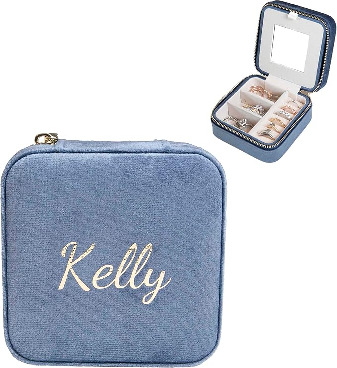 Customizable Compact Velvet Jewelry Box with Mirror, Travel Jewelry Case, Travel Jewelry Organizer, Jewelry Box for Women and Girls, Small Jewelry Organizer (Center Text, Coral Blue)