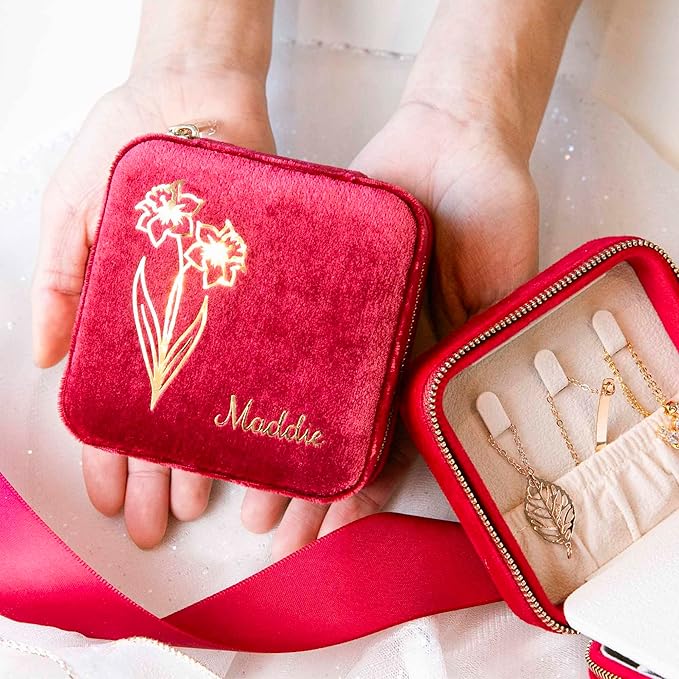 Customizable Compact Velvet Jewelry Box with Mirror, Travel Jewelry Case, Travel Jewelry Organizer, Jewelry Box for Women and Girls, Small Jewelry Organizer (Flower Design, Wine Red)