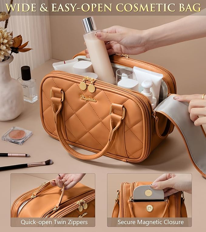 Travel Makeup Bag, Large Capacity Quilted Toiletry Bag for Women Stand-up Cosmetic Bag Open Flat Make Up Case Organizer Portable Pouch Purse w/Handle for Traveling Accessories, Brown