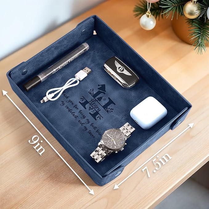 Engraved Christmas Blue Leather Valet Tray – Personalized Rectangle Catchall Organizer for Wallet, Keys, and Jewelry – Gift for Men, Dad, Couples – Dresser Top or Coffee Table Tray Decor
