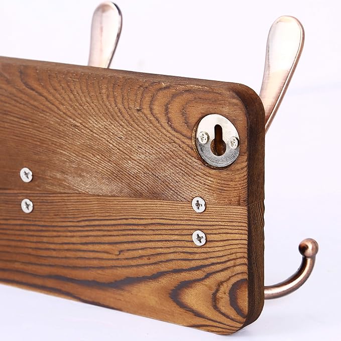 SKOLOO Coat Rack Wall Mounted - Pack of 2, Wooden, Heavy Duty, Rustic Coat Hooks for Wall, Wall Coat Rack with 5 Triple Hooks for Hanging Clothes, Jacket, Hat(Brown & Retro Red)