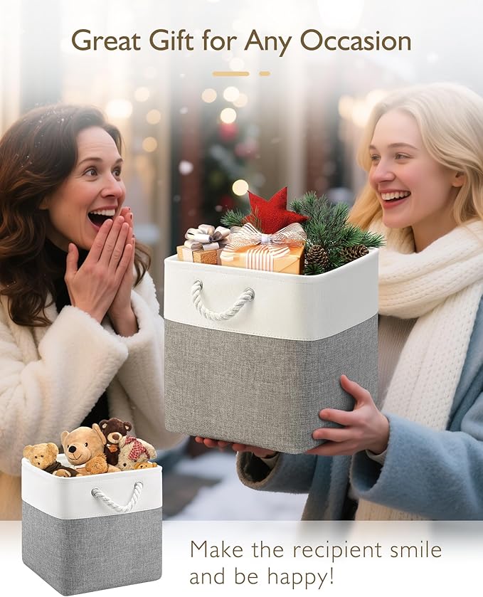 11 Inch Storage Cubes 4-Pack, Foldable Fabric Organizer Bins with Rope Handles, Cube Storage Baskets for Closet Shelves and Home Organization(White/Gray)