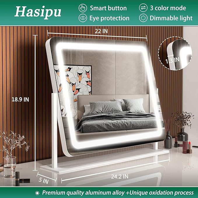 Hasipu Vanity Mirror with Lights, 24.2" x 18.9" LED Make up Mirror, Light up Mirror with 10X Magnification and USB Charging Port, Phone Holder, Smart Touch 3 Colors Dimmable, 360° Rotation (White)