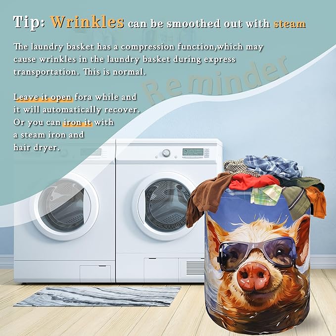 Funny Pig Laundry Hamper Foldable With Handles Summer Pigs Tote Bag Universal Oxford Cloth Animal Laundry Basket Clothes Toy Storage Bucket 18.9" x 16.5" For Bathroom/Laundry/Bedroom