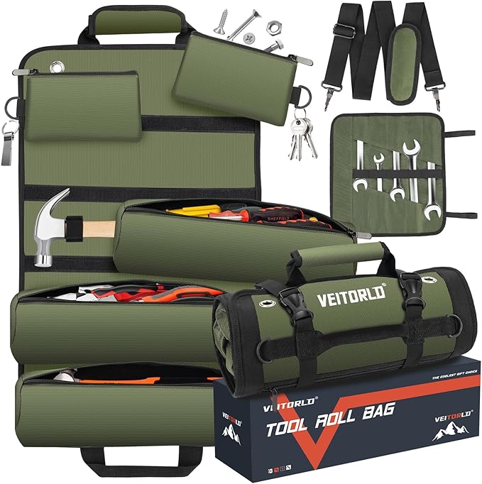 Tool Roll Up Bag, Gifts for Him Men Dad Husband Boyfriend Valentines Day, 1680D Portable Tool Storage for Men, Heavy Duty Tool Organizer with Detachable Pouches&Wrench Roll for Mechanic