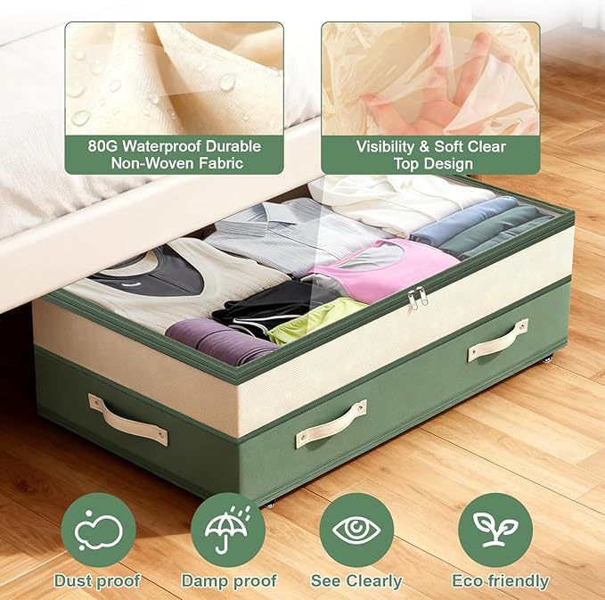 Dolicer 4 Pack Under Bed Storage with Wheels, 6in-10in Height Adjustable Underbed Storage Containers, 92L XXXL Under Bed Drawers Rolling Bin with Clear Lids for Dorm Shoes Clothes Organizers(Green)