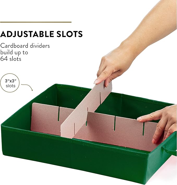 ZOBER Premium Christmas Ornament Storage Box with Lid 3" Compartment, Contains 4 Trays W Transparent Zippered Cover for More Protection (Green)