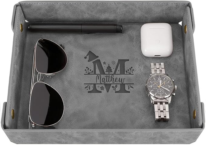 Engraved Christmas Gray Leather Valet Tray – Personalized Rectangle Catchall Organizer for Wallet, Keys, and Jewelry – Gift for Men, Dad, Couples – Dresser Top or Coffee Table Tray Decor