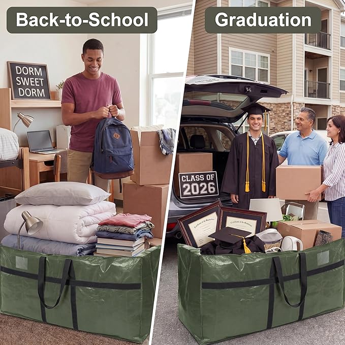 Windyun 4 Pack 69 Gallon Extra Large Moving Bags XXL Heavy Duty Storage Bag with Strong Zipper Handle Jumbo Big Tote Box Foldable for College Dorm Travel Clothes Duffle Blanket Pillow(Army Green)