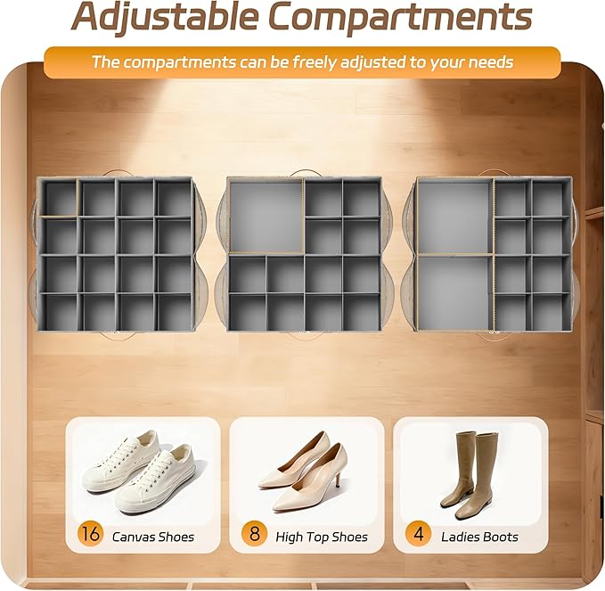Shoe Organizer for Closet, 2 Pack Foldable Shoe Storage Organizer Box with Adjustable Dividers and Clear Cover, Space Saving Shoe Box with Reinforced Handles, Fits 16-32 Pairs, Gray