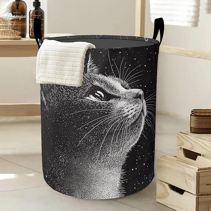 Cute Black Cat Laundry Hamper Large Canvas Fabric Lightweight Storage Basket/Dirty Clothes Collapsible Waterproof for College Dorms, Boys and Girls Bedroom,Bathroom