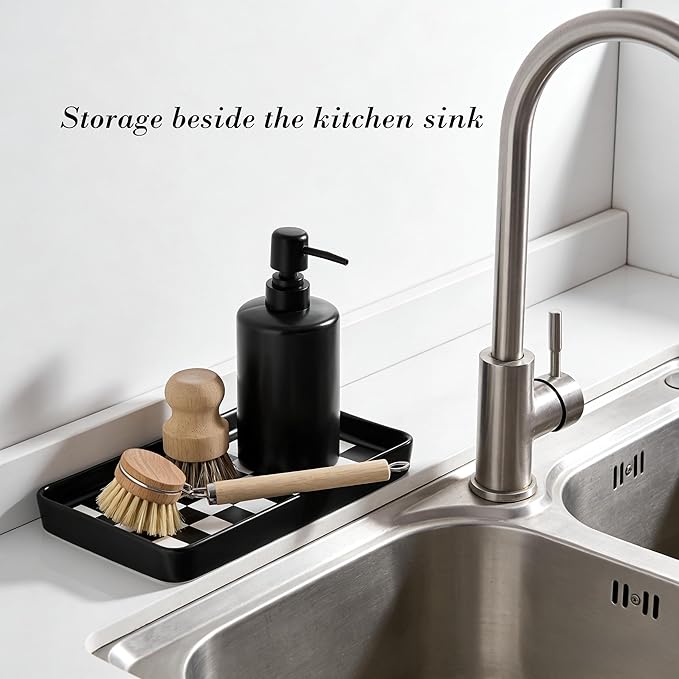 10"×6"×1" Texture Checkered Surface Bathroom Vanity Tray for Countertop- Ceramic Decorative Organizer Tray for Dresser Top, Toilet, Perfume, Sponge Holder Soap Dish Dispenser for Kitchen Counter