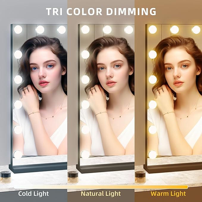 Vanity Mirror with Lights,Makeup Mirror with 17 Dimmable LED Bulbs, 3 Color Lighting Modes Detachable 10X Magnification Mirror Touch Control, 23.6X19,7 inch, Black