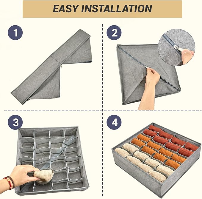 PINGMIC Gray Sock Organizer Divider 4 Pack - 24 Cell Foldable Closet Storage, Tie Organizer For Men Boxes for Socks, Ties, Belts