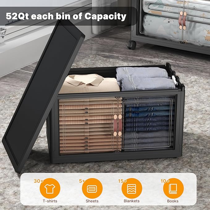 Extra Large Stackable Storage Bins with Lids & Wheels & Door, 260QT-52QT/13GAL*5Pack Foldable Collapsible Closet Organizers, Plastic containers drawers for bedroom Dorm