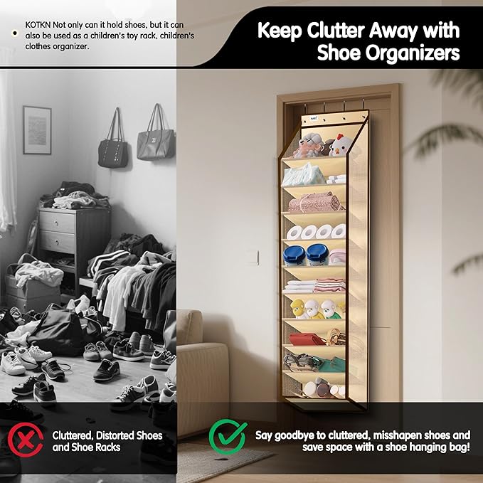 10 Tier Over The Door Organizer - Heavy Duty Hanging Storage Rack with Sturdy Oxford Fabric, Holds 20+ Pairs of Footwear, Boots & Sneakers, Saves 50% Closet Space(Beige)