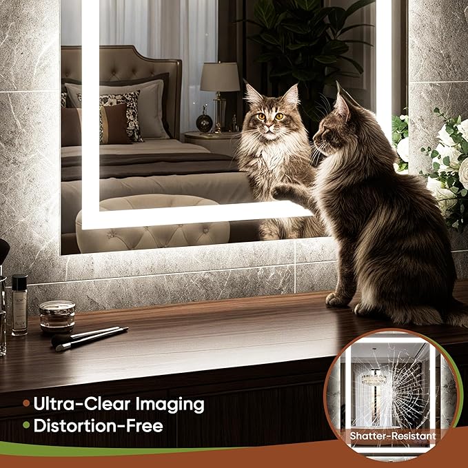 LED Bathroom Mirror with Lights 24"x36", Wall-Mounted Vanity Mirrors Front & Backlit Separate Light Control Stepless Dimmable Anti-Fog Memory 3 Color Temperatures Shatter-Proof Tempered Glass