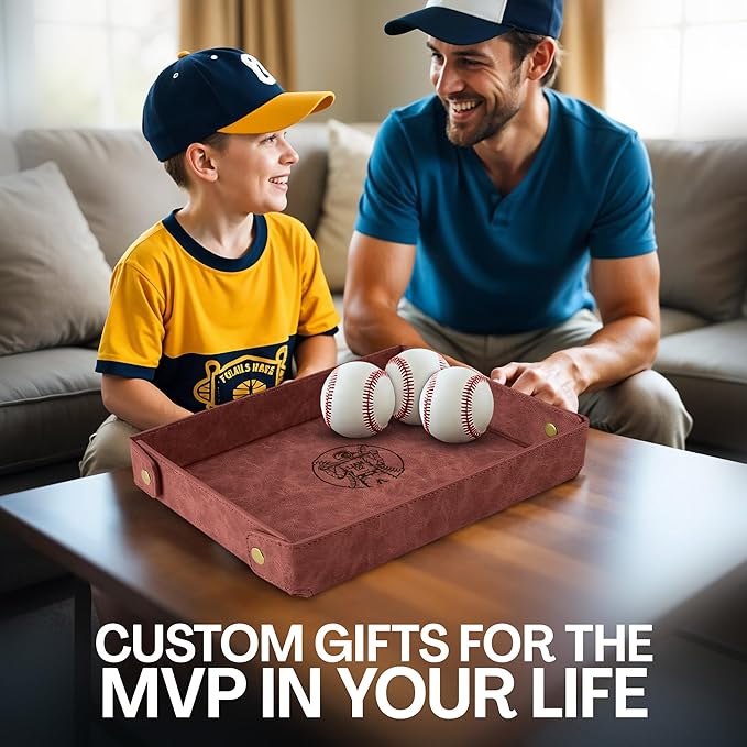Personalized Baseball Valet Tray – Engraved PU Leather Catchall in Light Coffee – Custom Name Nightstand Organizer for Keys, Wallet, Jewelry, and Essentials – Unique Gift for Baseball Fans
