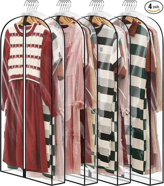 50" All Clear Garment Bags for Hanging Clothes, 4" Gusseted Suit Bags for Closet Storage, Plastic Garment Covers with Zipper for Coats, Jackets, Shirts, 4 Packs