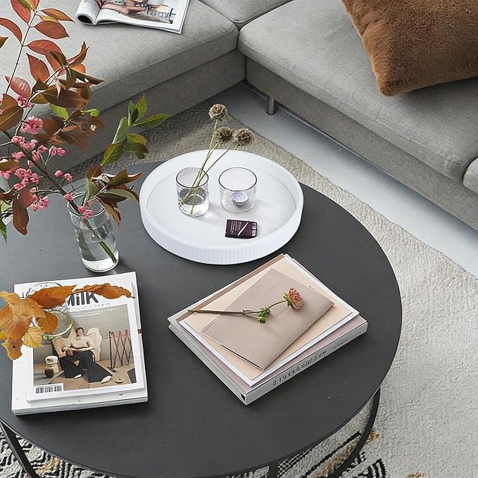 HofferRuffer Round Decorative Tray, Faux Leather Vanity Tray Decor, Decorative Catchall for Perfume, Bathroom Valet, Nightstand or Dresser (White Stripe, Round-12" x 12" x 1.6")