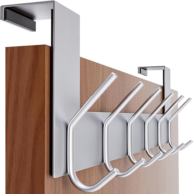 SKOLOO Over The Door Hook - 6 Hooks, No Assembly Required, Stainless Steel Door Hooks, Over Door Coat Rack for Hanging Coats Clothes Hats Robes, Silver