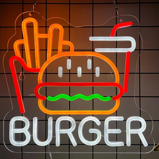 Burger Fries Neon Sign for Wall Decor Art Hamburger French Fries LED Neon Light 12.6" x 11.8" Fast Food Business Signs for Home Restaurant Bar Man Cave Decoration