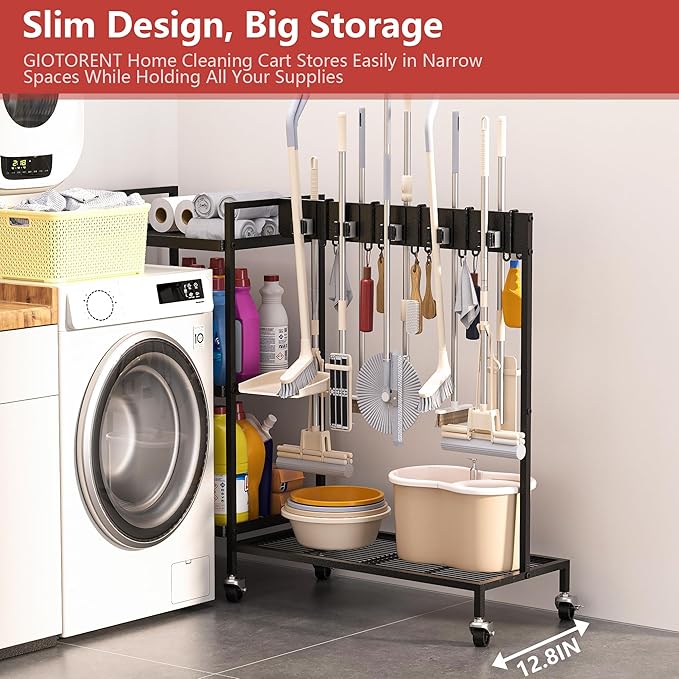 GIOTORENT Metal Cleaning Cart with Wheels - Rolling Broom Holder & Supplies Organizer, 10 Adjustable Clips, 5 Double-Hooks, 3-Tier Shelves, Brakes for Home, Commercial, Black