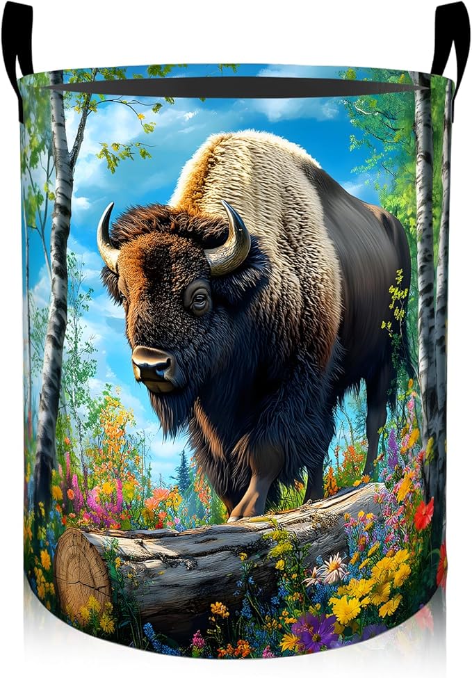 Strong Bison in Birch Forest with Floral Laundry Basket 19.7"x15.7", Collapsible Dirty Clothes Waterproof Laundry Hamper Organizer Toy Storage Bin for Dorm Nursery Bathroom Decor